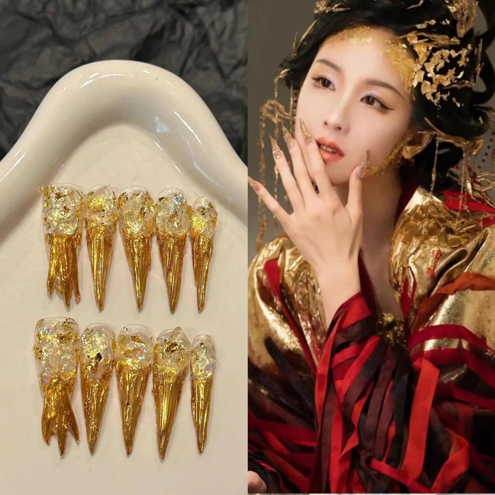 Faux ongles Stiletto en or brillant fait à la main, , 10 pièces mylalla cacyra