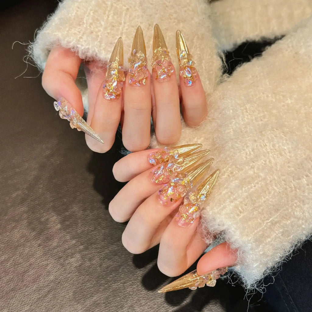 Faux ongles Stiletto en or brillant fait à la main, , 10 pièces mylalla cacyra