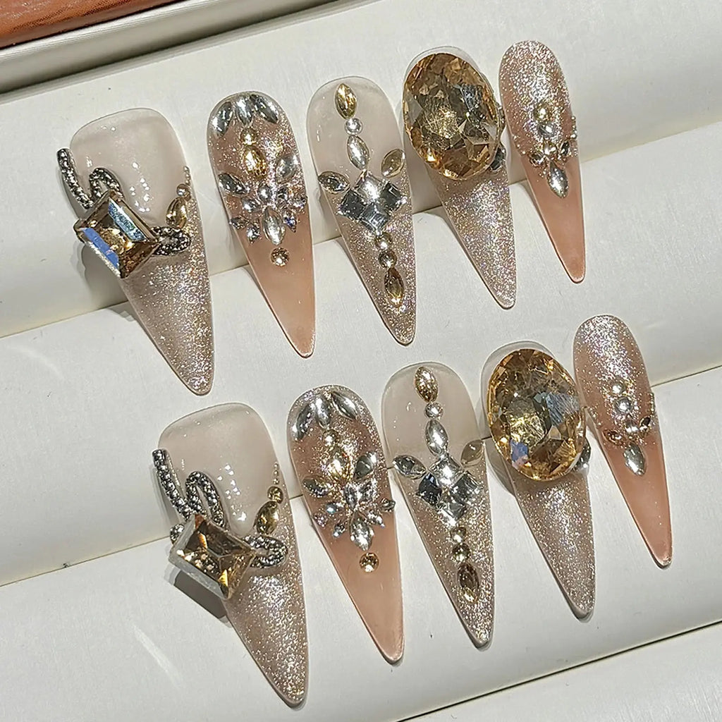 Faux ongles Stiletto en or brillant fait à la main, , 10 pièces mylalla cacyra