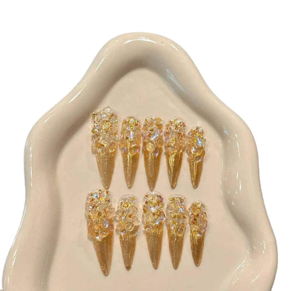 Faux ongles Stiletto en or brillant fait à la main, , 10 pièces mylalla cacyra