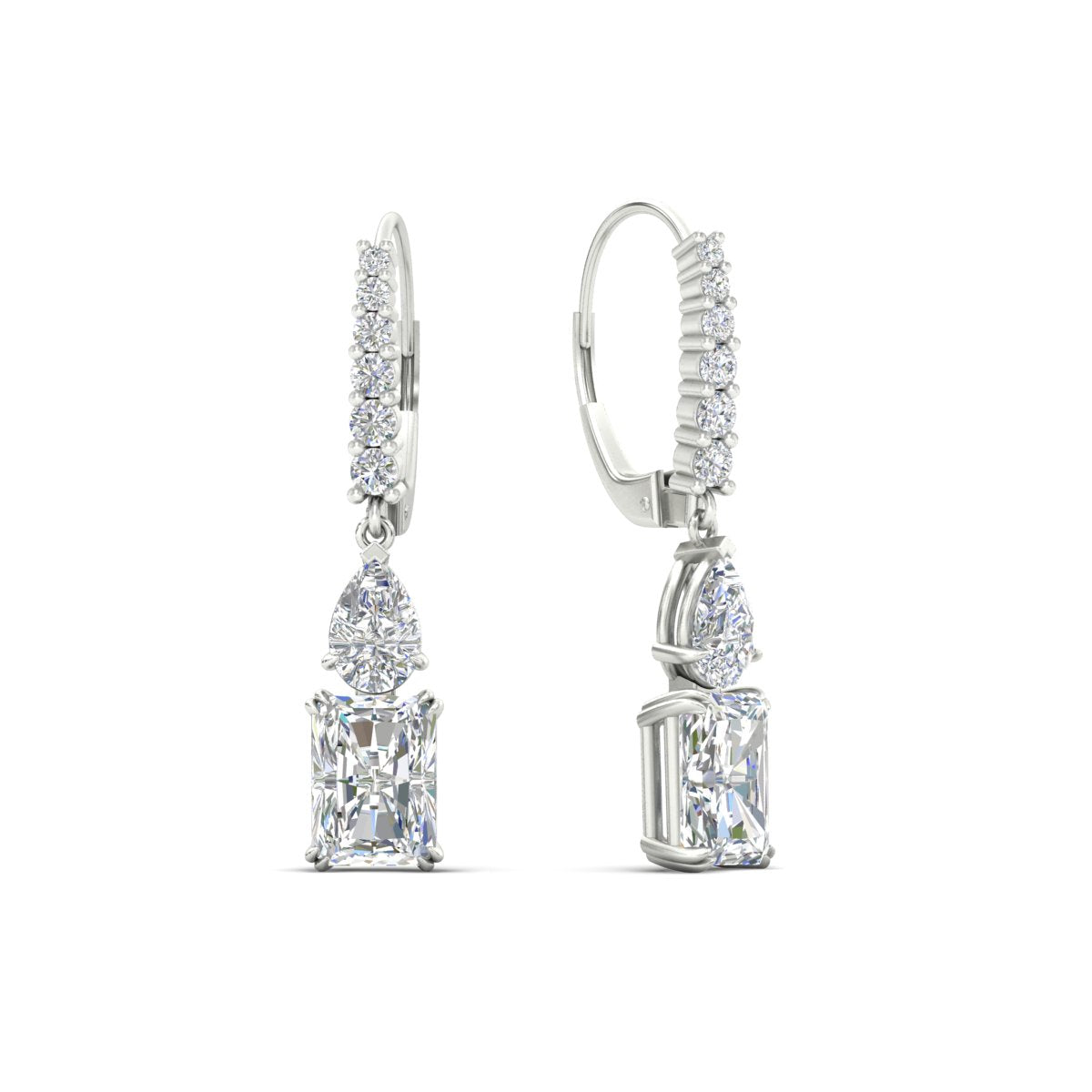 Radiant And Pear Cut Diamond Lever Back Drop Earrings