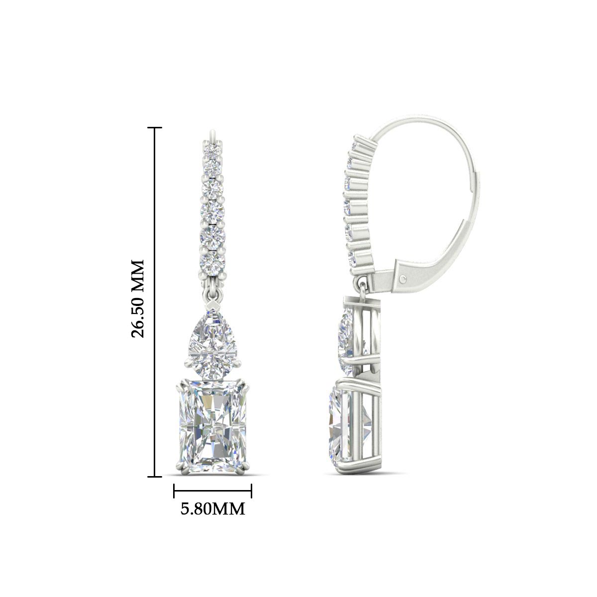Radiant And Pear Cut Diamond Lever Back Drop Earrings